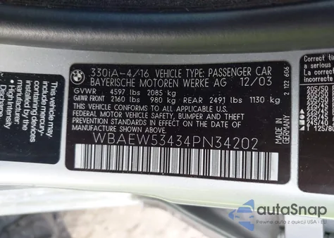 2004 BMW 330Xi из США, поврежденный, VIN WBAEW53434PN34202